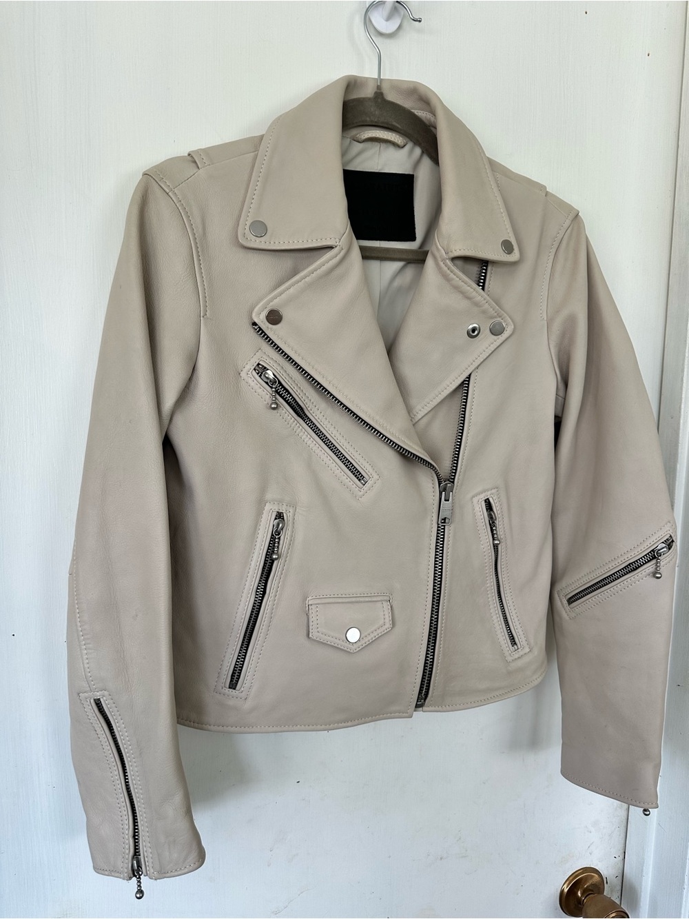 All Saints Off White Ivory Riley Biker Sheep Leather Moto Jacket Size 6